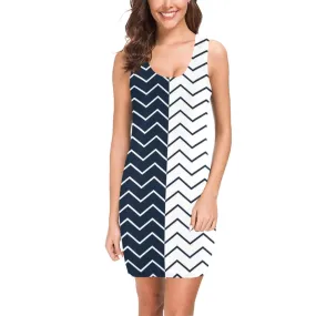 chevron blue and white print Medea Vest Dress (Model D06)