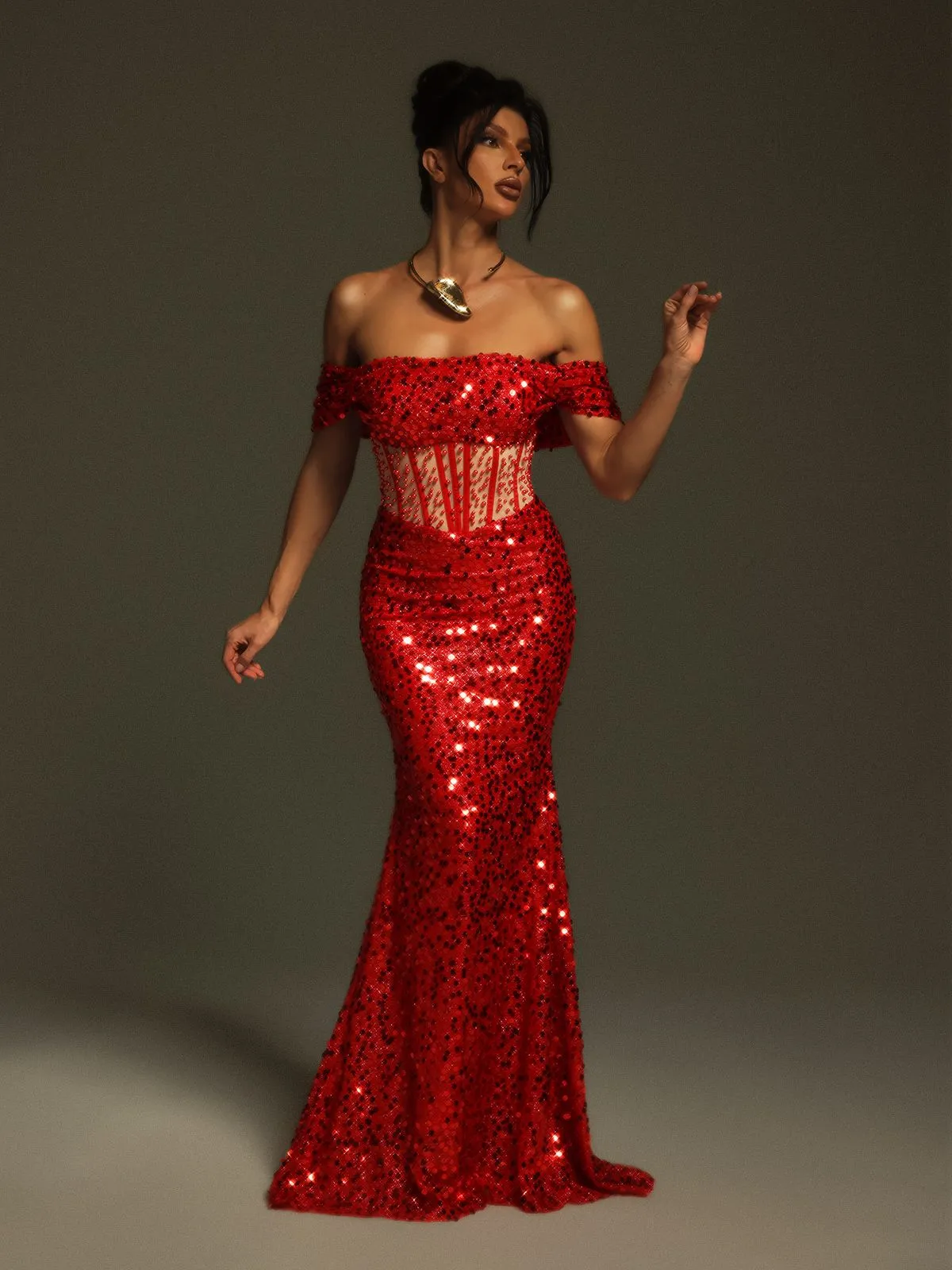 Christena Off Shoulder Sequin Corset Maxi Dress