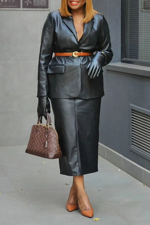 Classic Lapel Neck Leather Blazer & Skirt Set