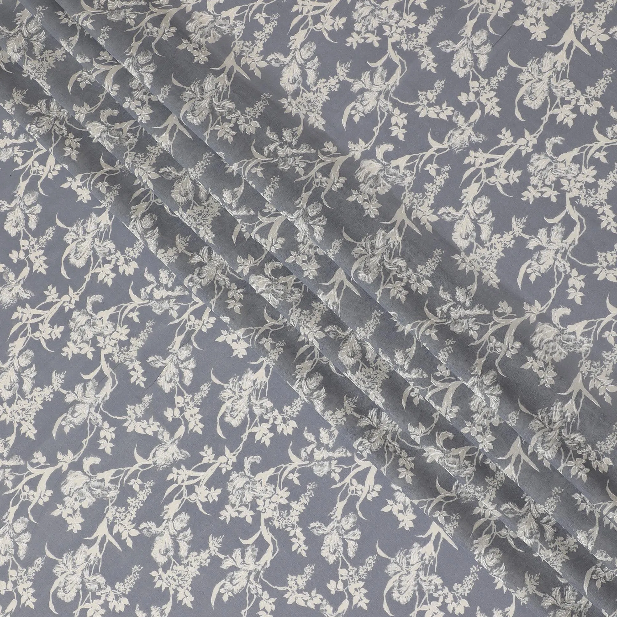 Cloud grey cotton voile fabric with beige print in floral design-D15147