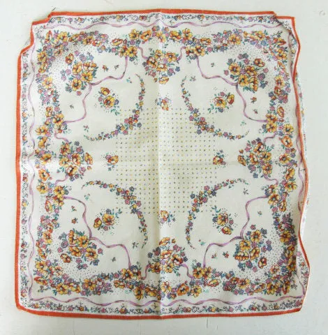 Colourful Vintage Floral Handkerchief 1940s Hankie Orange and Purple Flowers Hanky