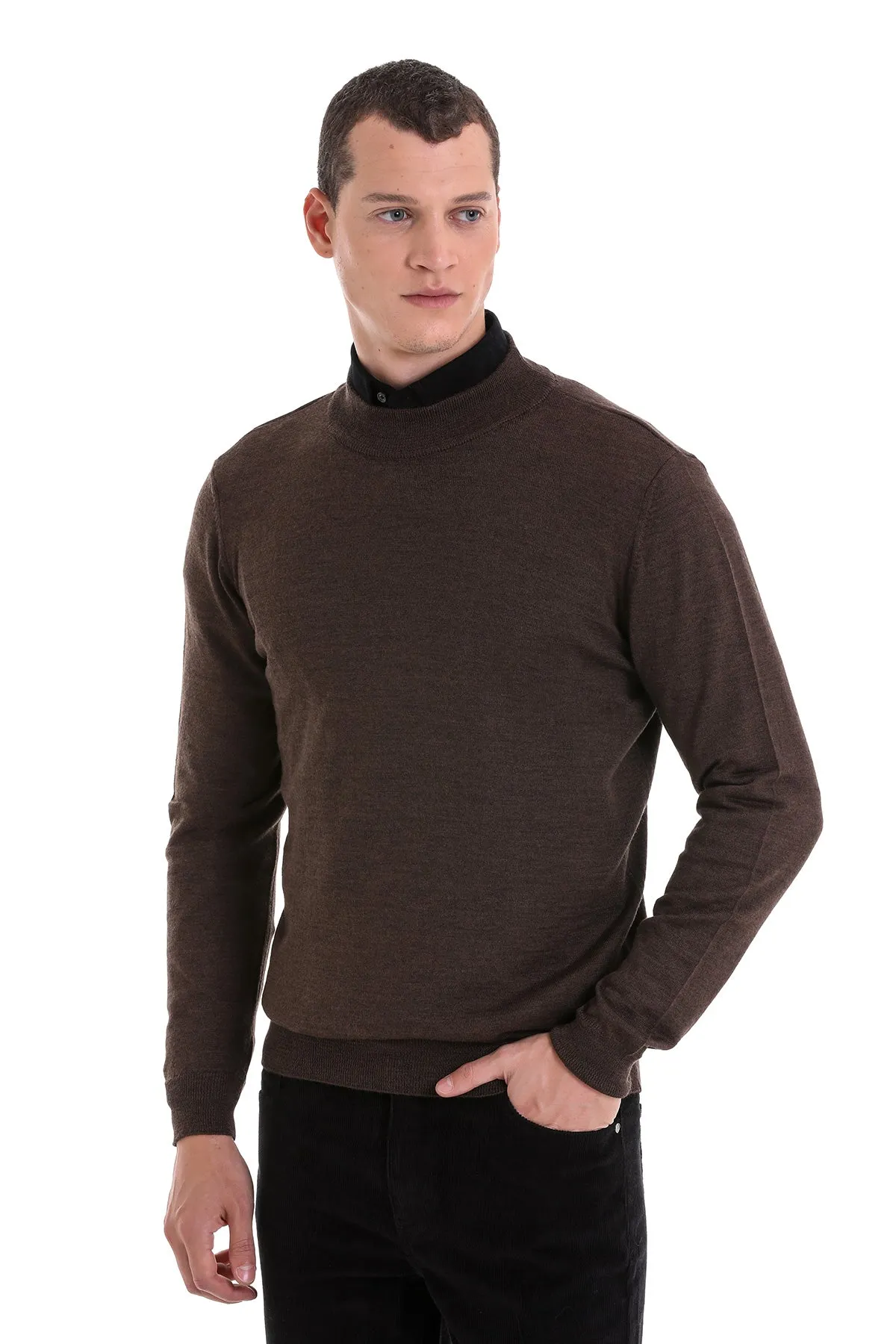 Comfort Fit Wool Blend Brown Mock Neck Sweater