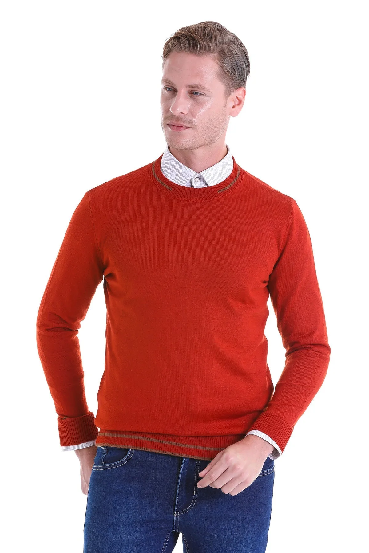 Comfort Fit Wool Blend Orange Crewneck Sweater