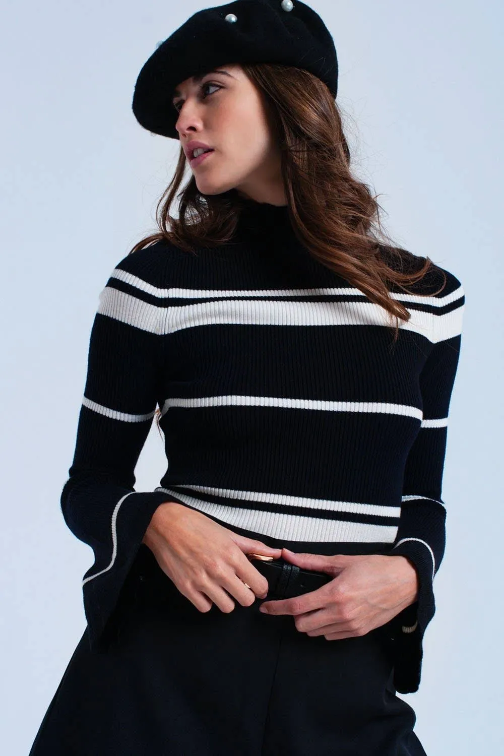 Cream Striped Turtleneck