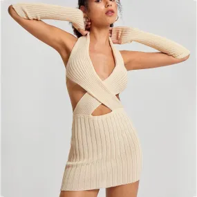 Crisscross Halter Neck Backless Ribbed Knit Bodycon Sweater Dress With Arm Sleeves