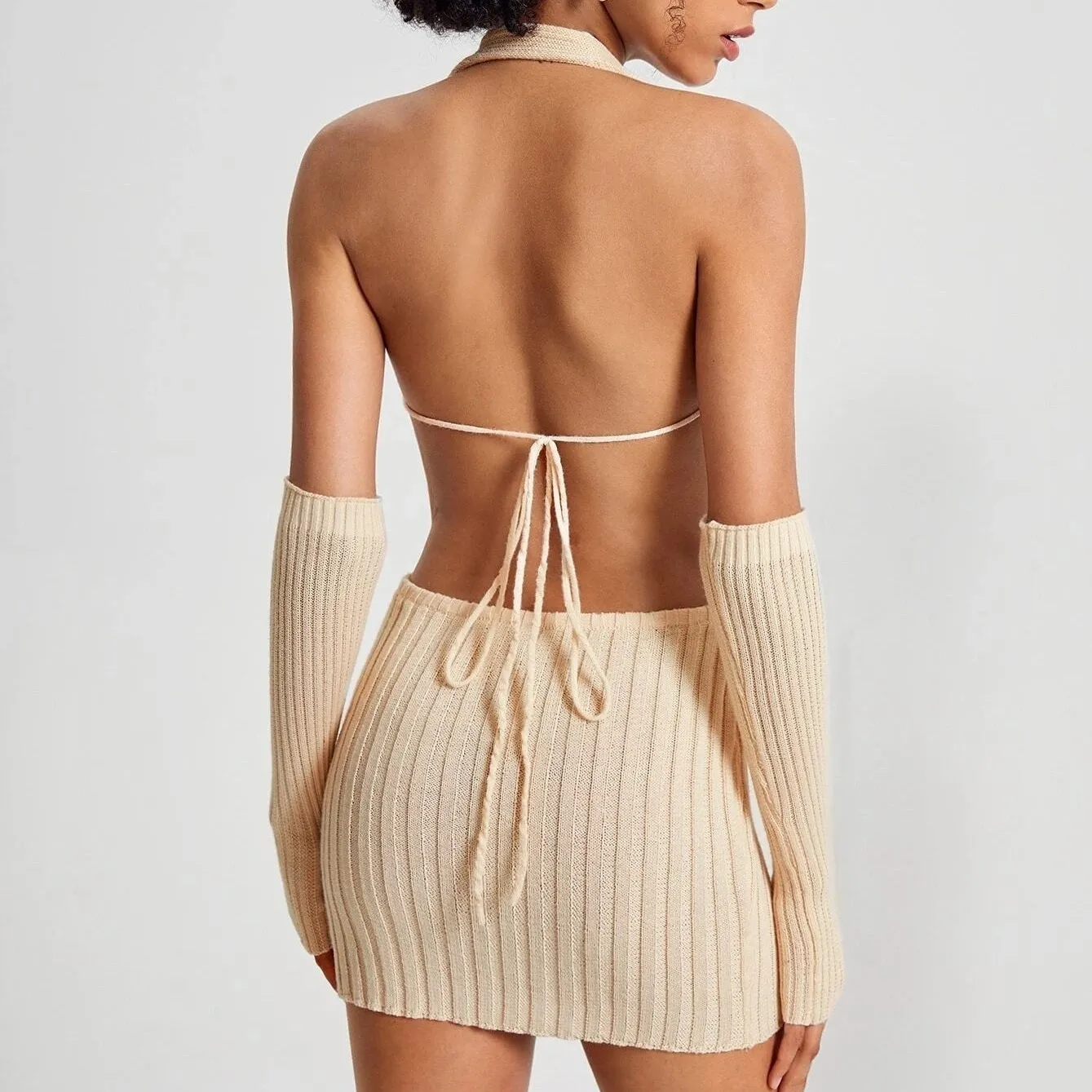 Crisscross Halter Neck Backless Ribbed Knit Bodycon Sweater Dress With Arm Sleeves