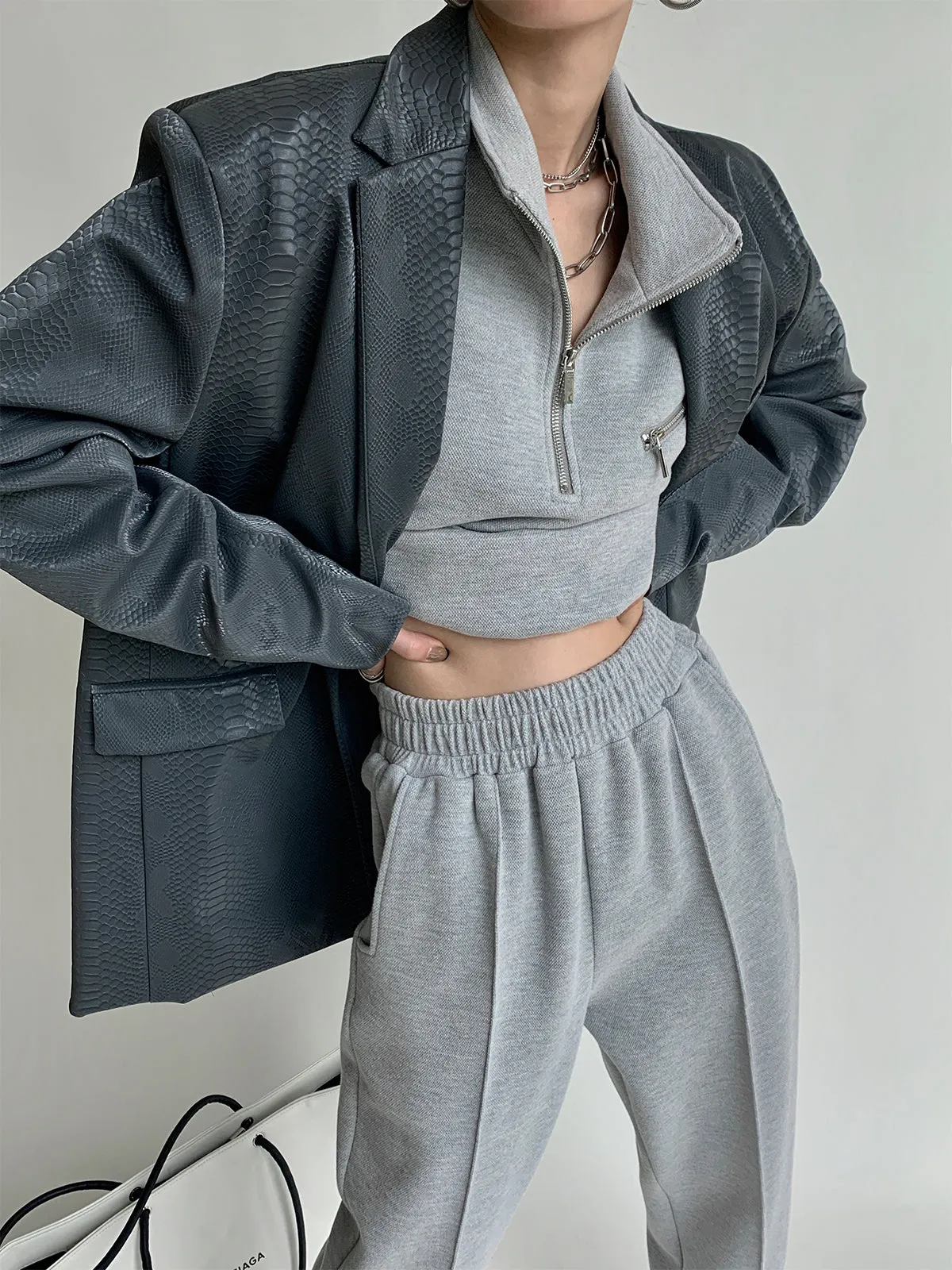 Cropped  Pullover Zip Sweatshirt  - Grey