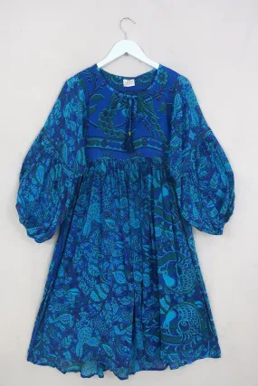 Daisy Midi Smock Dress - Sapphire Blue Stained Glass - Vintage Indian Cotton - Size S