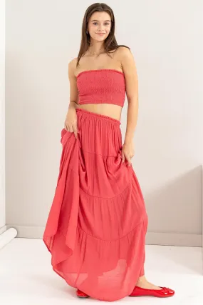 D.Coral Tube Top And Tiered Maxi Skirt Set