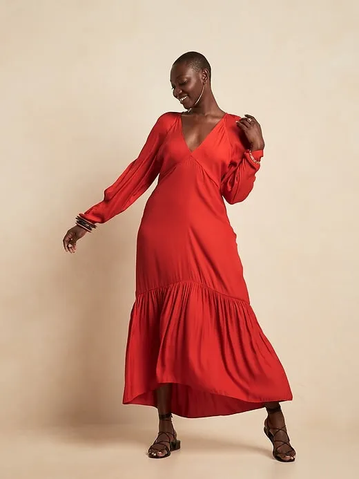 Deep V-Neck Maxi Dress in Reddish Orange