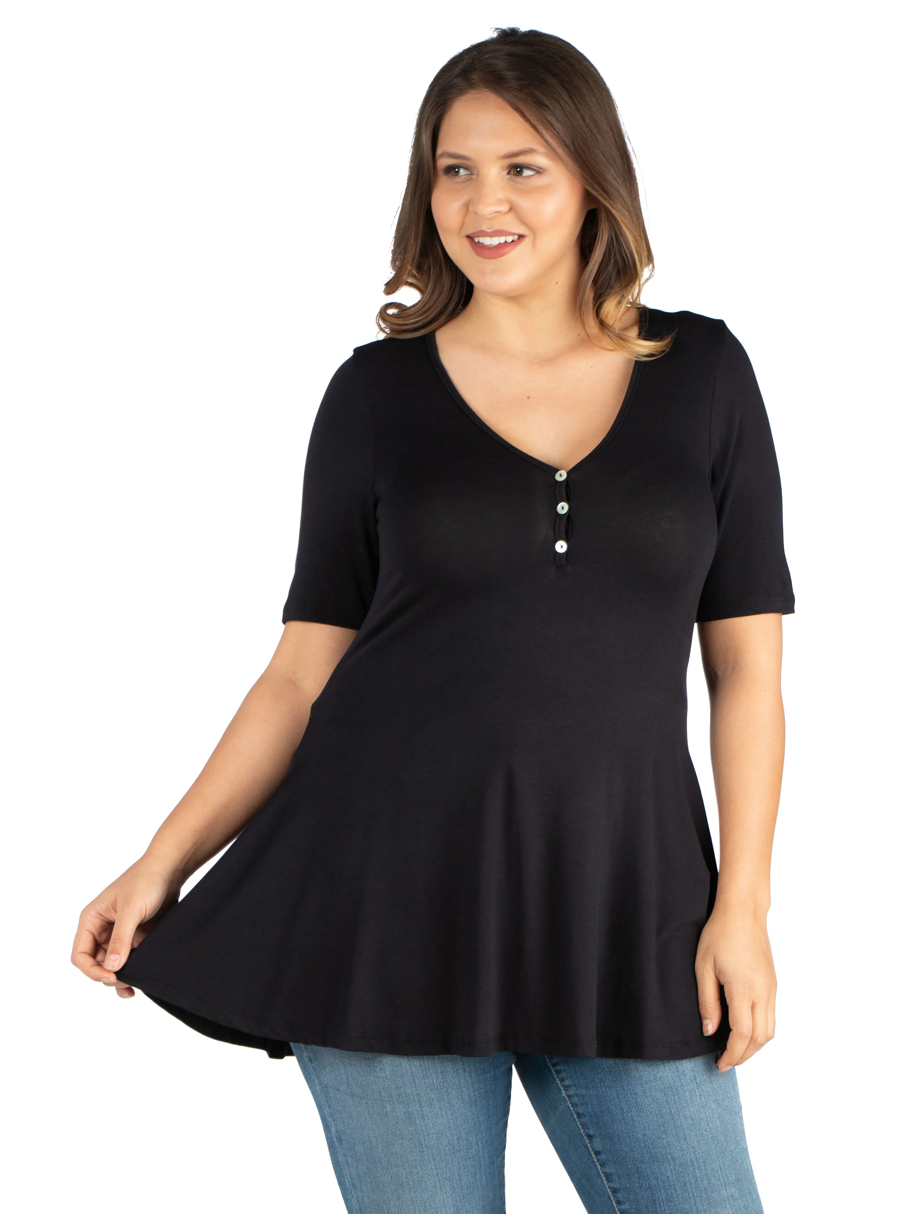 Elbow Sleeve Henley Plus Size Tunic Top