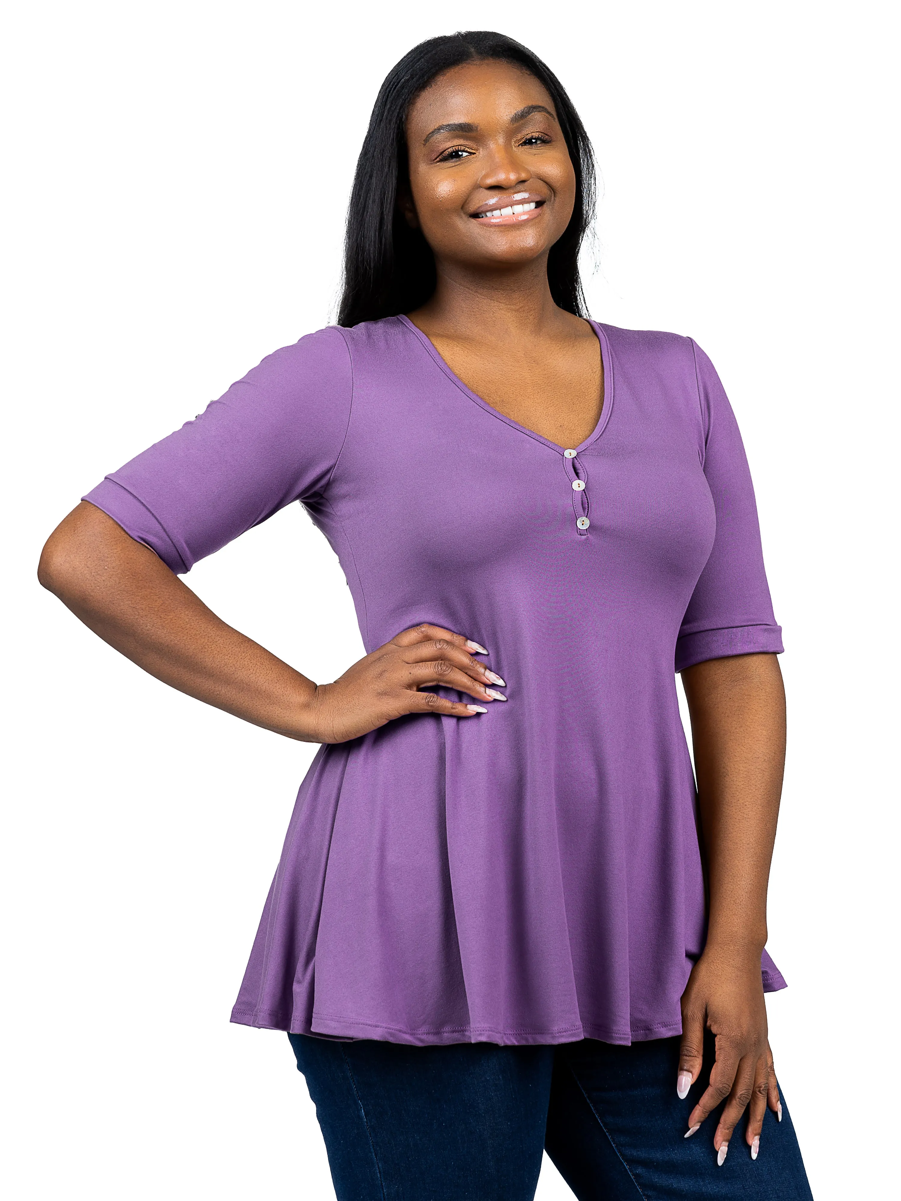 Elbow Sleeve Henley Plus Size Tunic Top