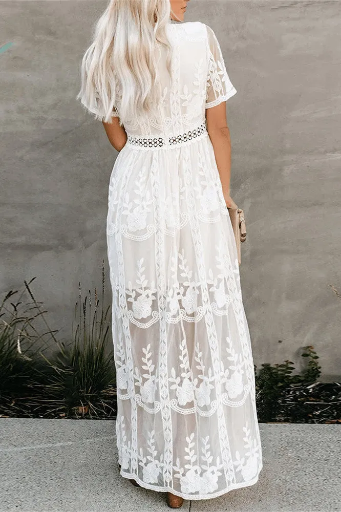 Embroidery Lace long Tunic Beach Dress