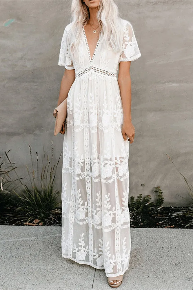 Embroidery Lace long Tunic Beach Dress