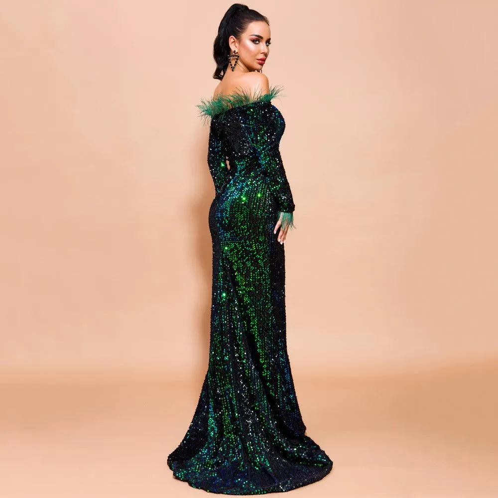 Emerald Green Feathered Mermaid Sequins Dress