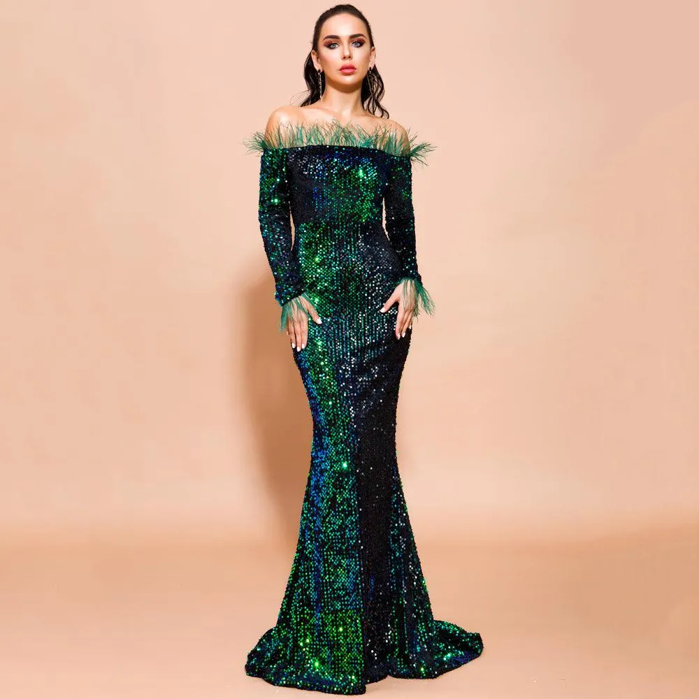 Emerald Green Feathered Mermaid Sequins Dress