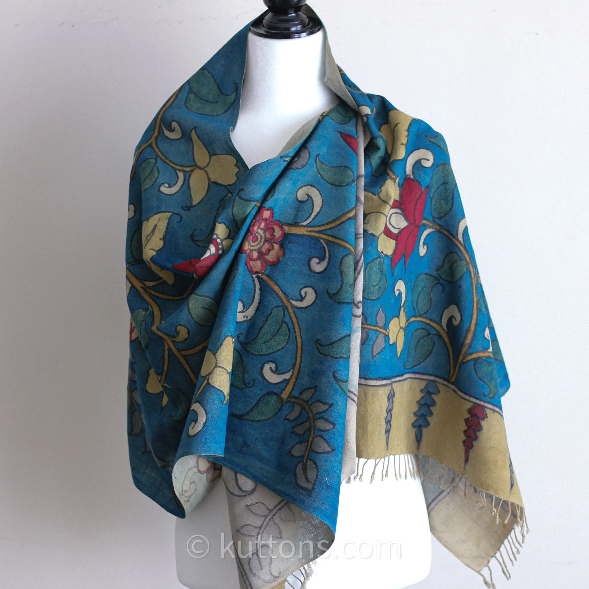 Ethnic Kalamkari Hand-Painted Cotton Scarf - Natural Colours, Floral | Blue, 21x75"