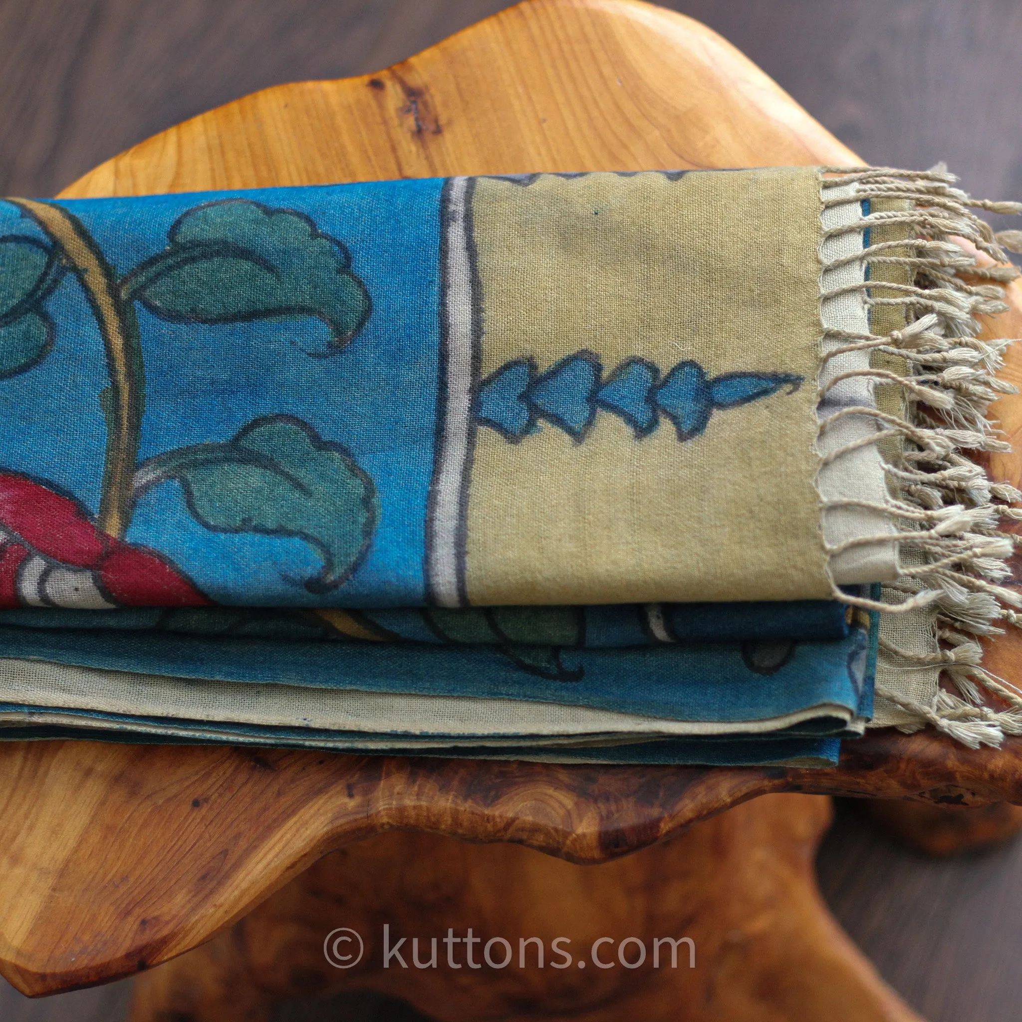 Ethnic Kalamkari Hand-Painted Cotton Scarf - Natural Colours, Floral | Blue, 21x75"