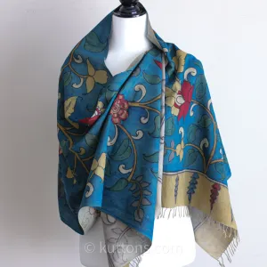 Ethnic Kalamkari Hand-Painted Cotton Scarf - Natural Colours, Floral | Blue, 21x75"