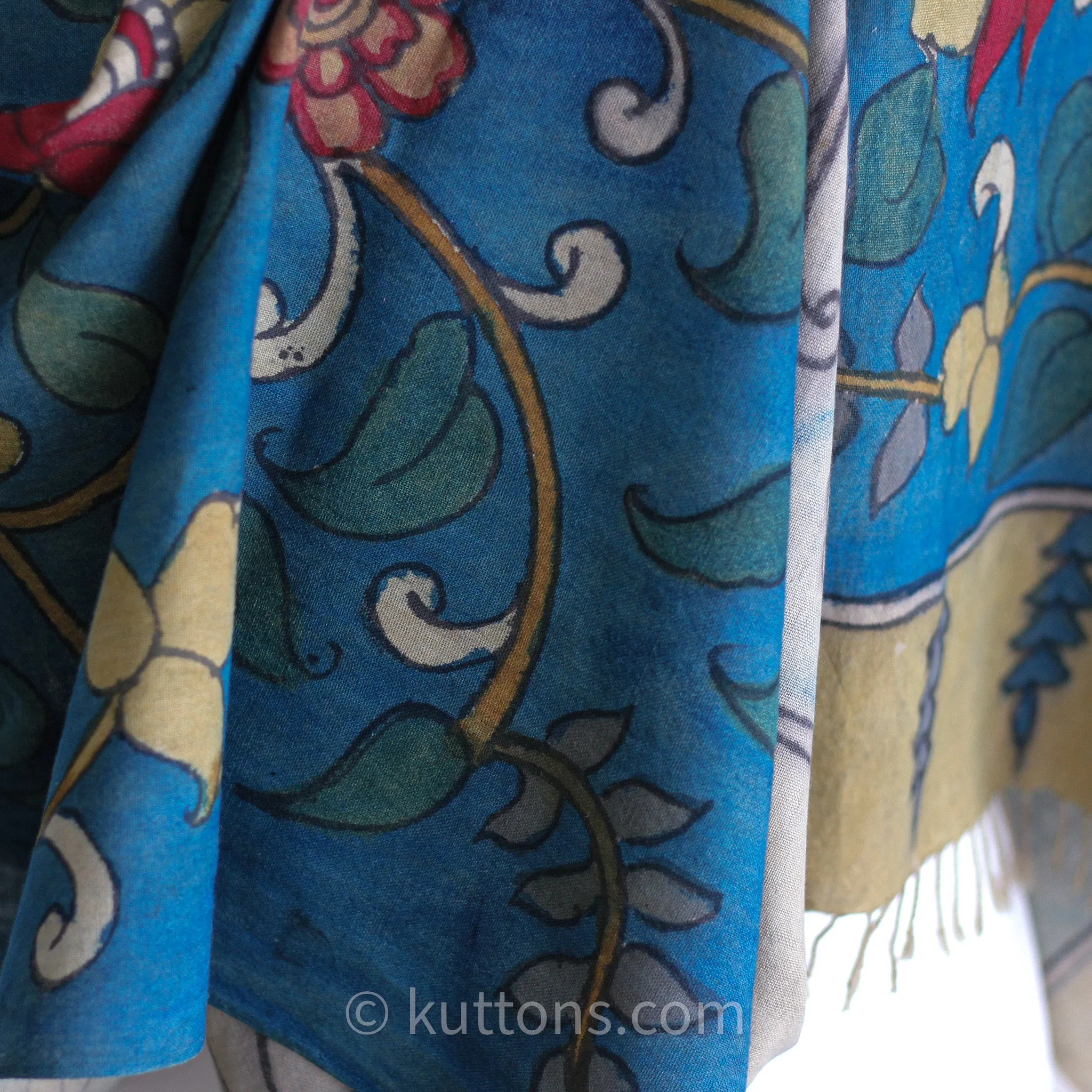 Ethnic Kalamkari Hand-Painted Cotton Scarf - Natural Colours, Floral | Blue, 21x75"