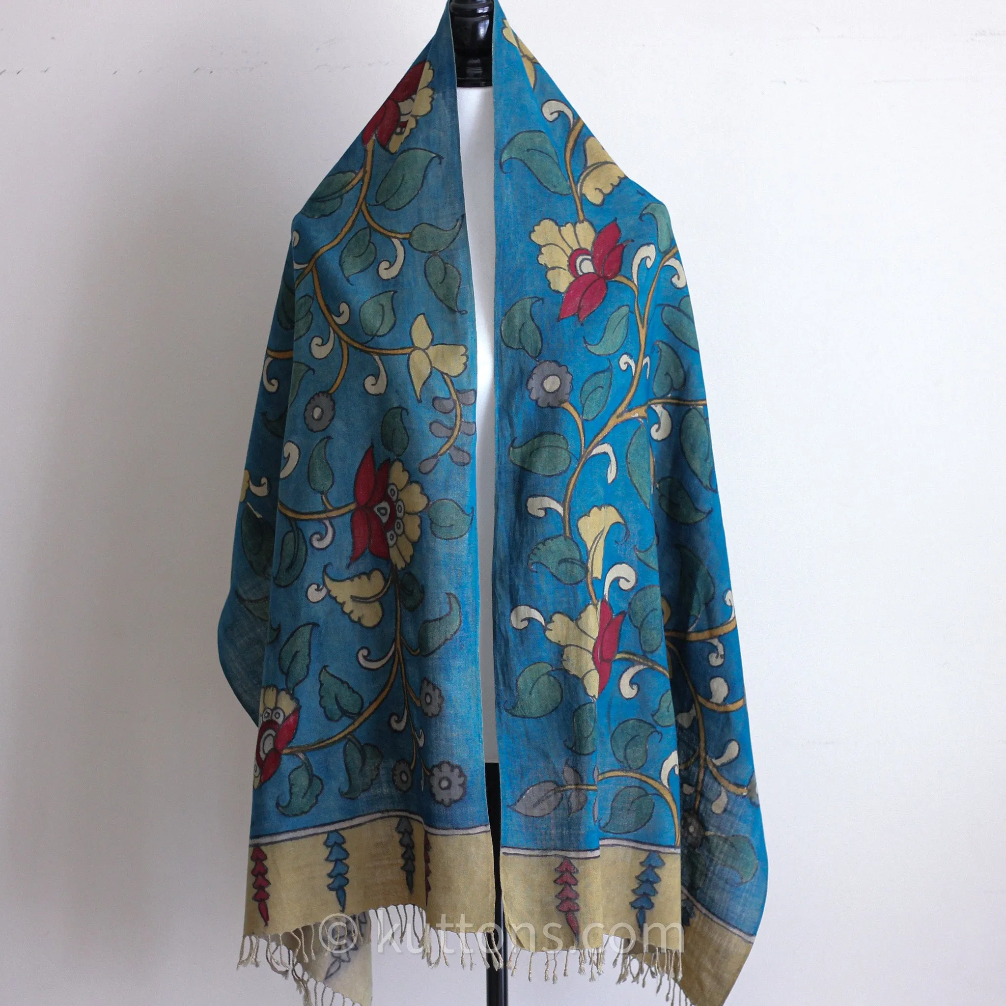 Ethnic Kalamkari Hand-Painted Cotton Scarf - Natural Colours, Floral | Blue, 21x75"