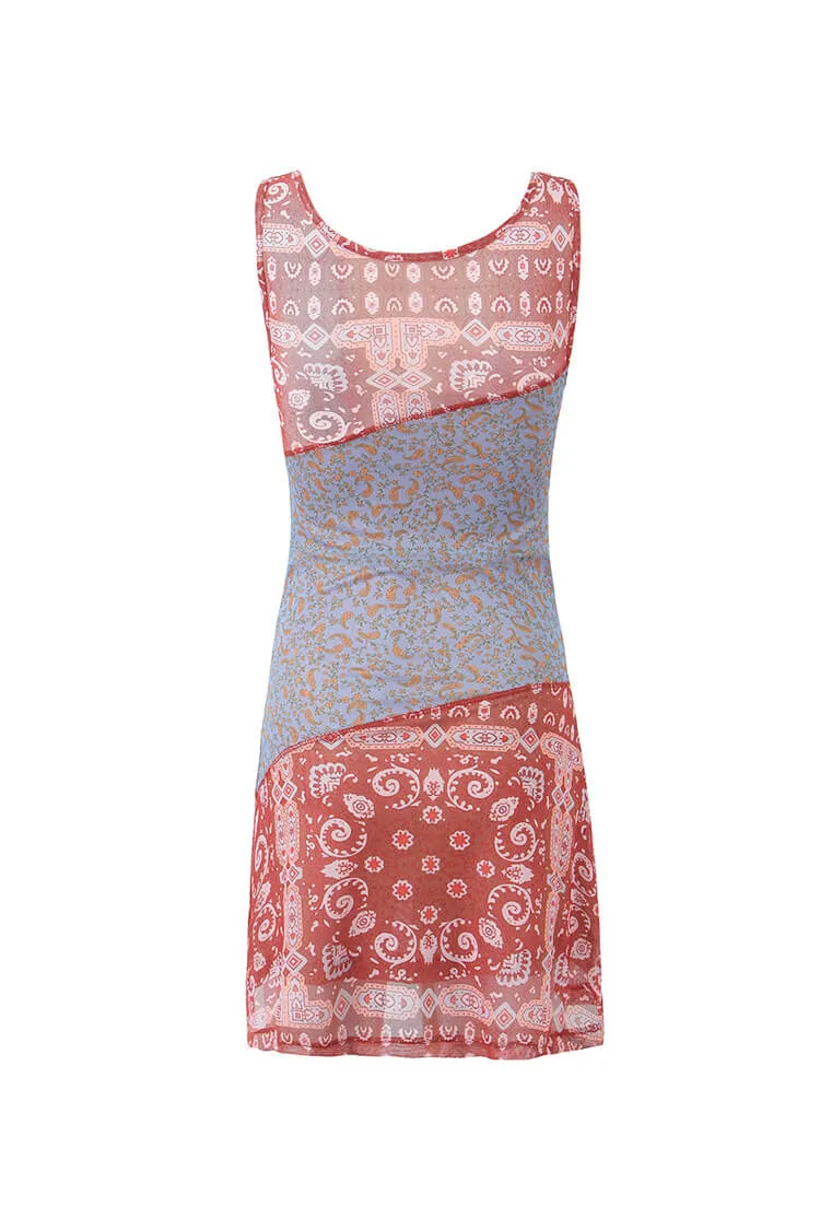 Ethnic Patchwork Cowl Neck Sleeveless Printed Mesh Bodycon Mini Sundress