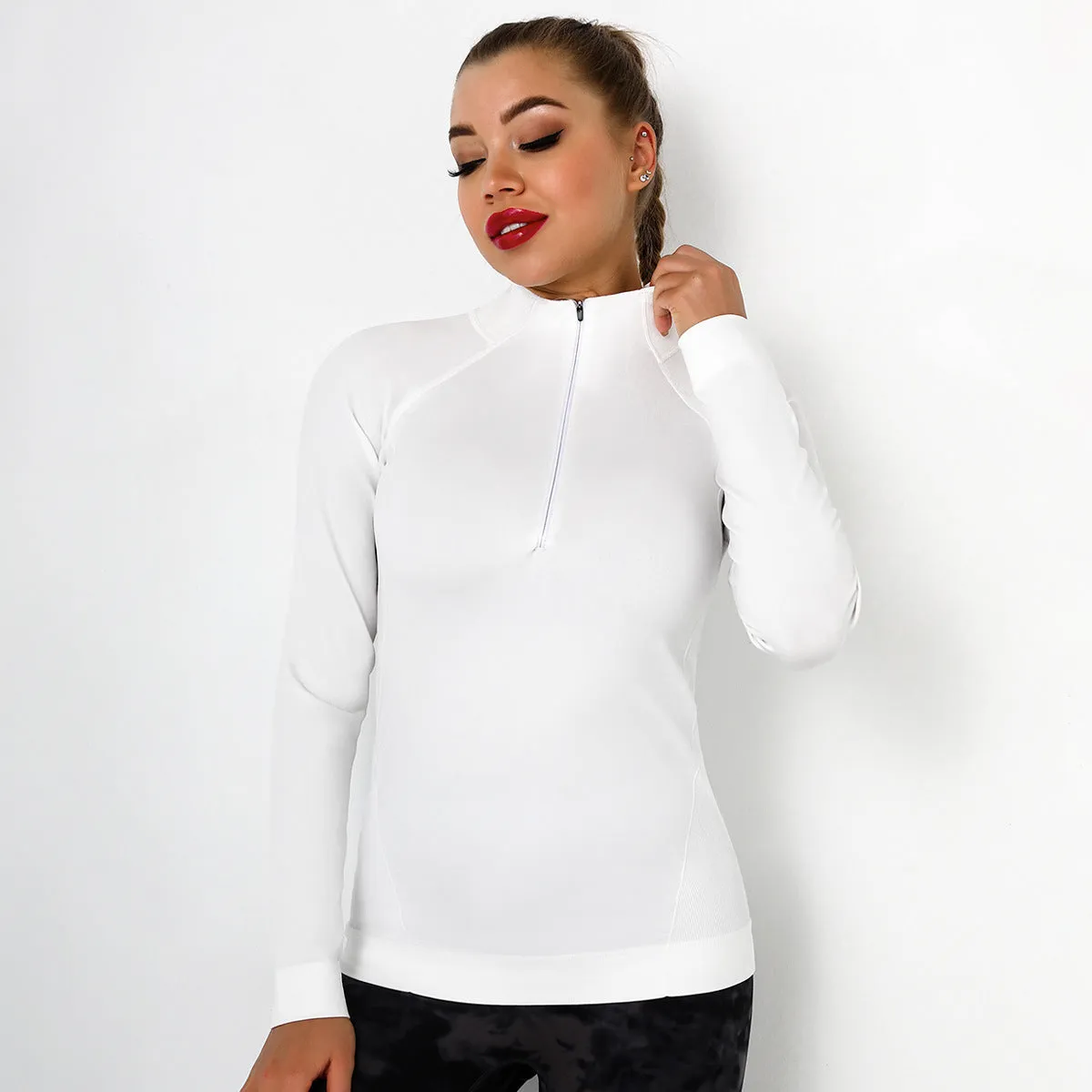 European and American Knitted Sexy Tight Fitness Sports Zip-up Shirt Moisture Wicking Quick-Drying Yoga Clothes Women