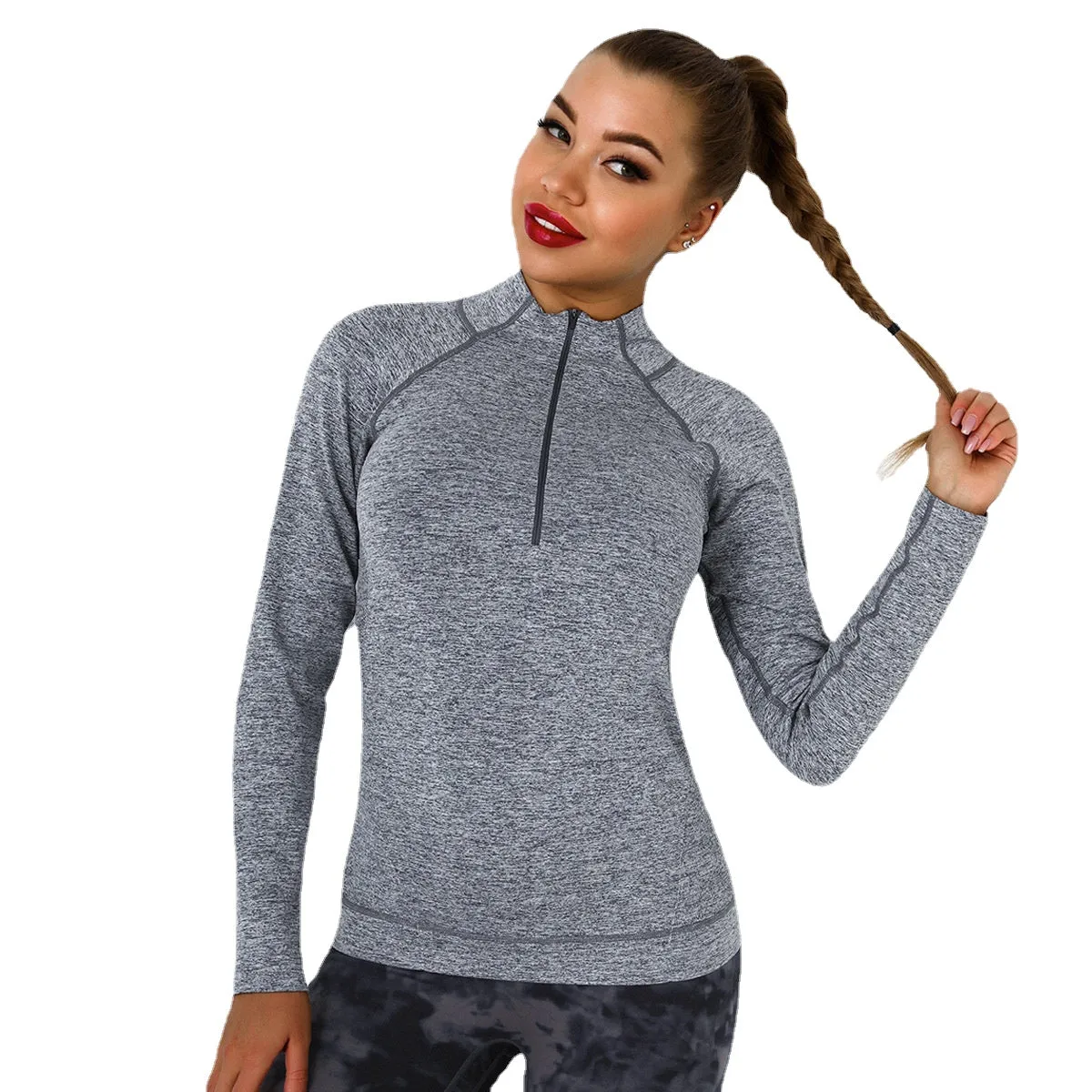 European and American Knitted Sexy Tight Fitness Sports Zip-up Shirt Moisture Wicking Quick-Drying Yoga Clothes Women