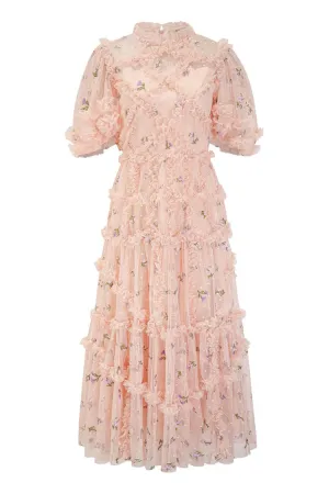 Fairy Floral Embroidered Puff Sleeve Ruffle Tiered Tulle Evening Maxi Dress