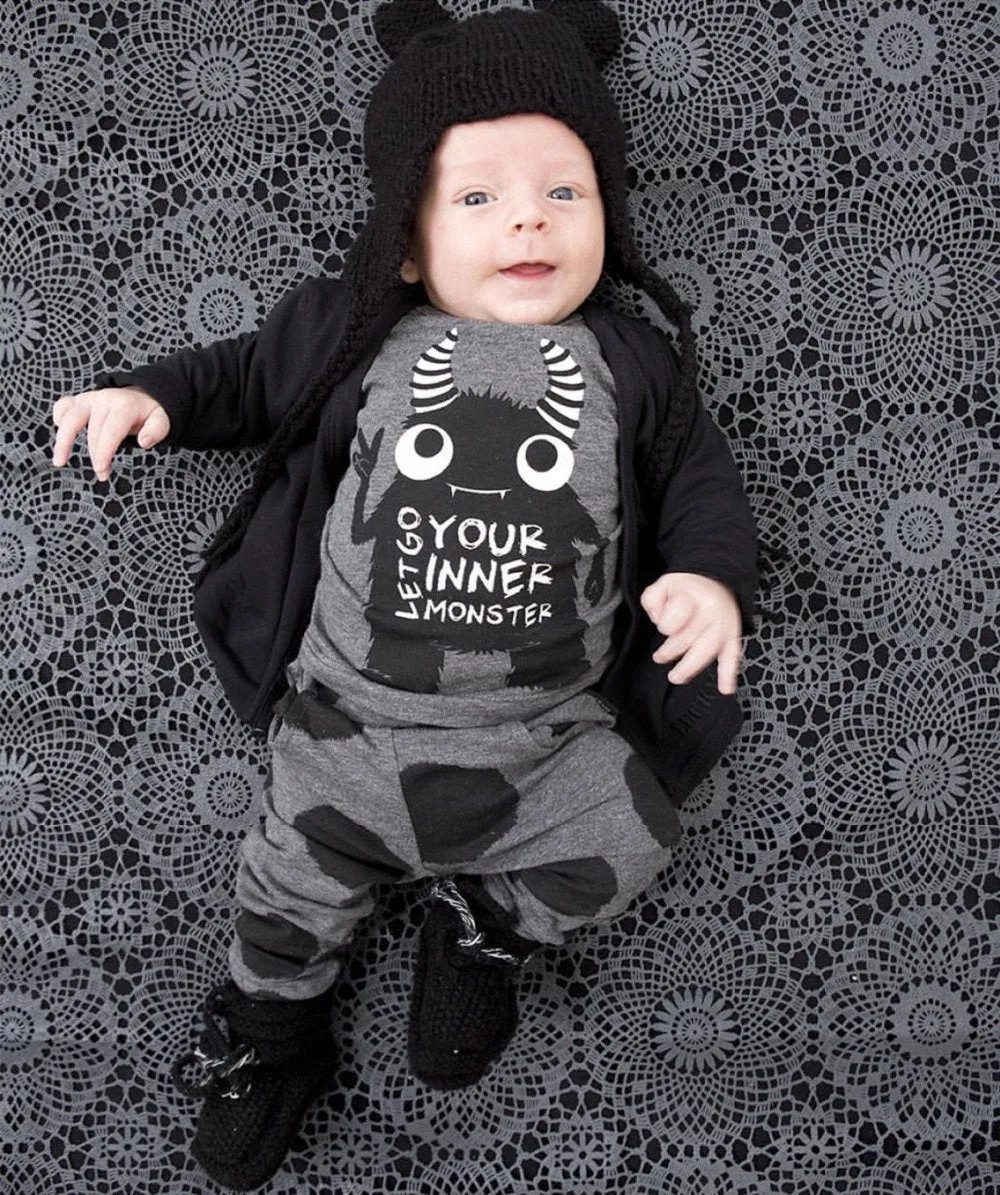 Fashion Baby Clothing Set Long Sleeved Let Go Your Inner Monster T-shirt Pants 2 Pcs