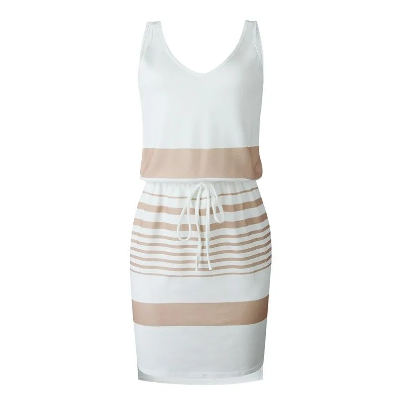 Fashion Stripes V-neck Irregular Vest Style Halter Tie Bodycon Office Short Dress