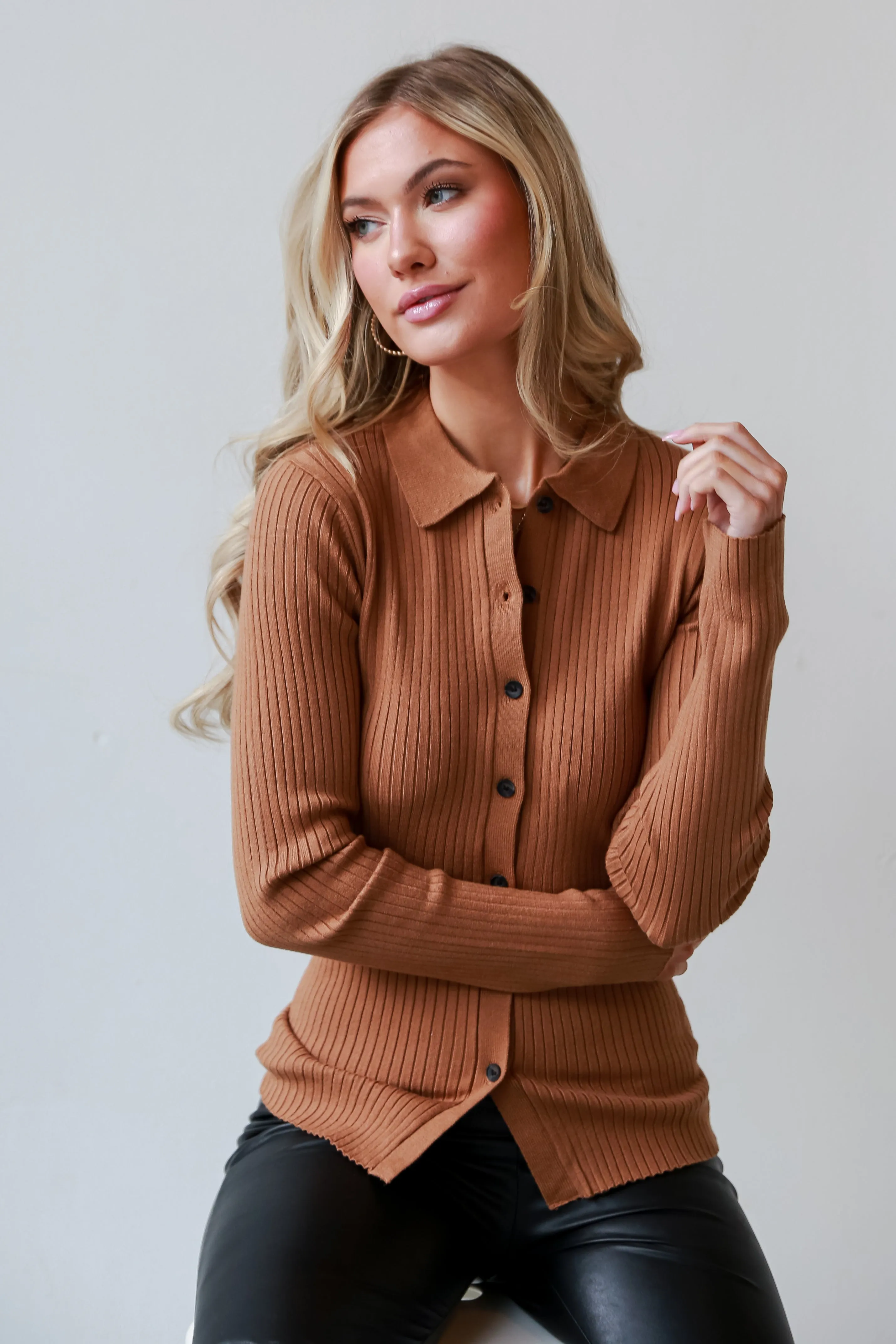 FINAL SALE - Tell You Everything Camel Ribbed Knit Button-Up Top