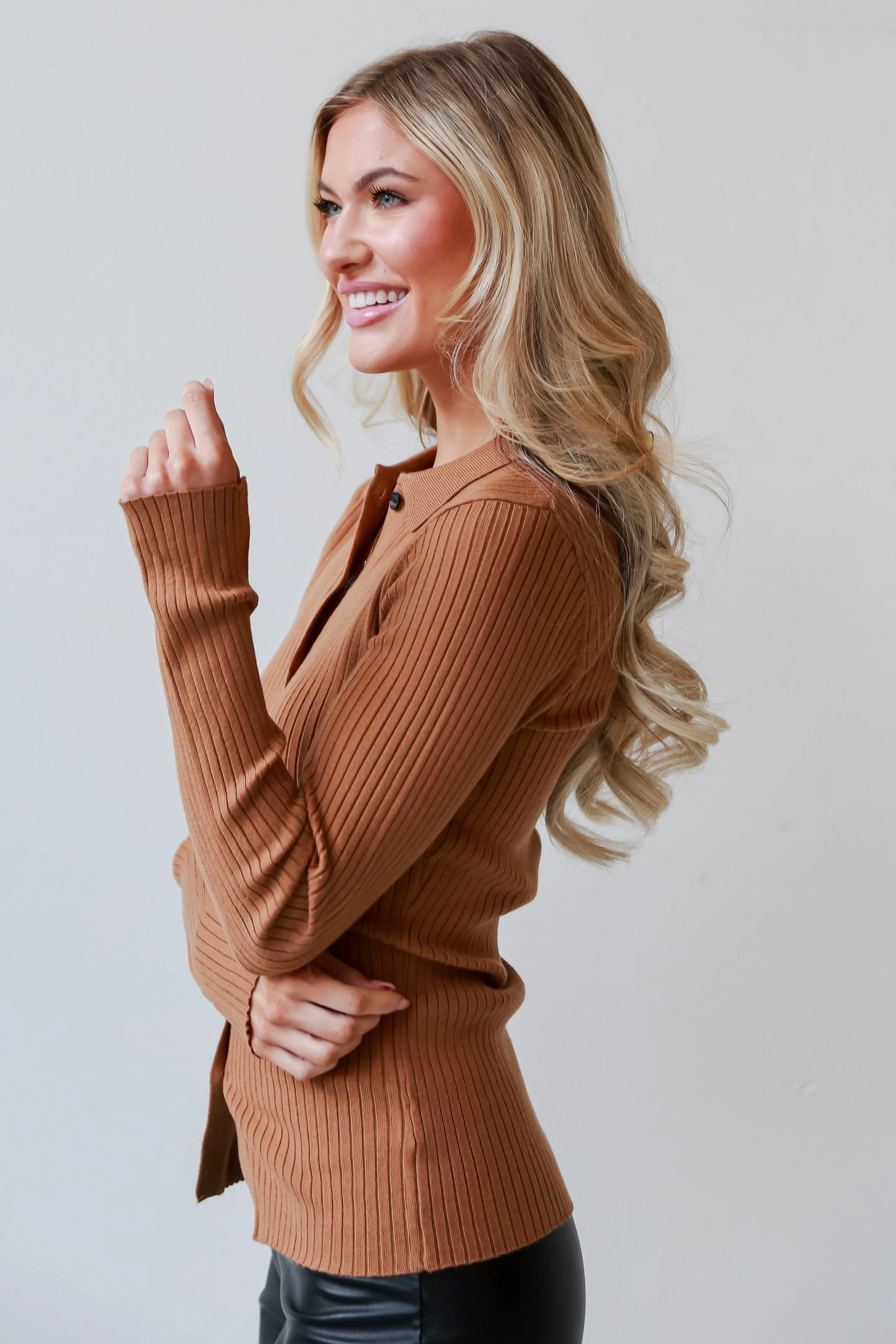 FINAL SALE - Tell You Everything Camel Ribbed Knit Button-Up Top