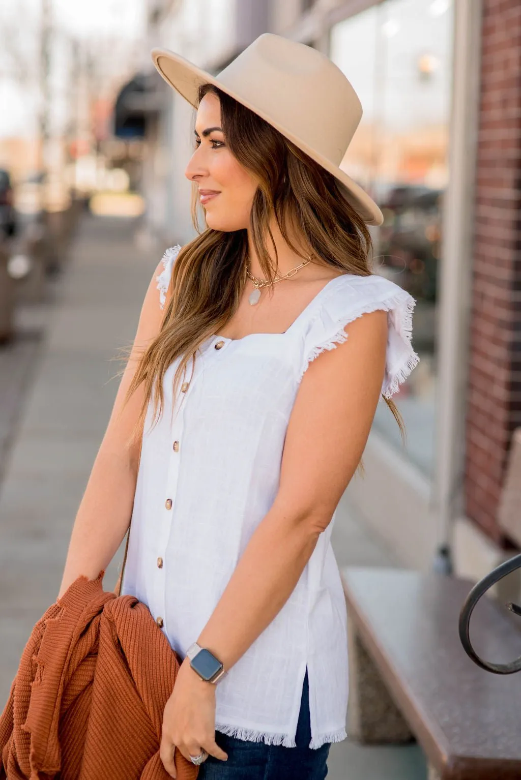 Frayed Trim Button Blouse