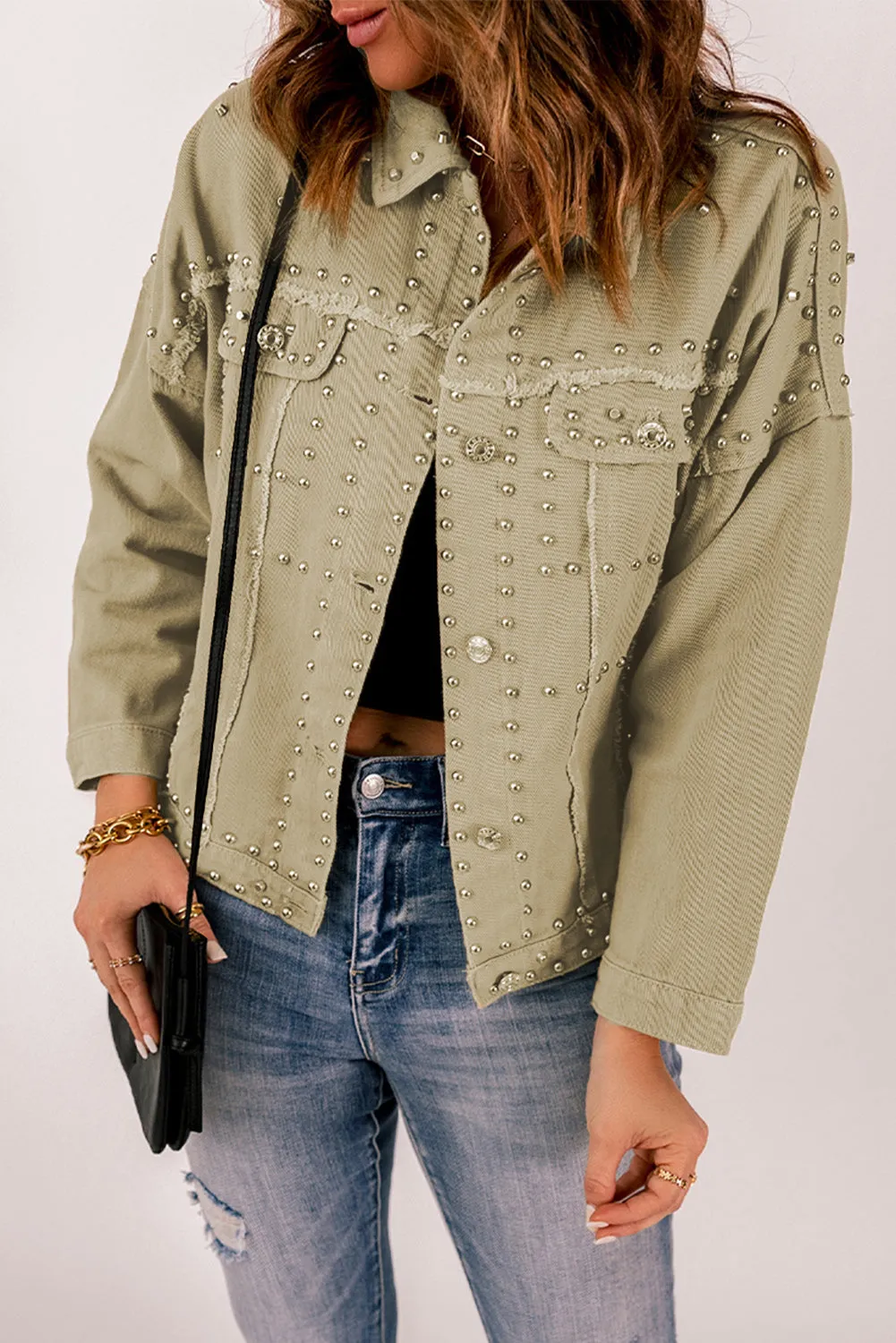 Frayed Trim Rivet Denim Jacket