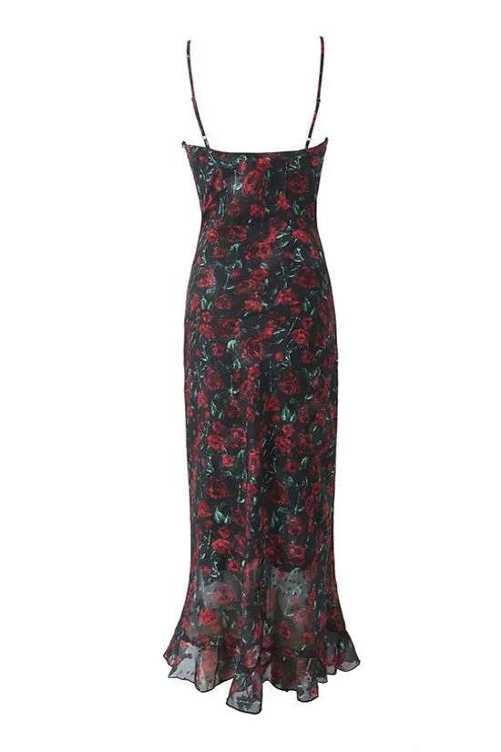 French Style Ruched Tie Neck Floral Print Chiffon Fishtail Slip Maxi Sundress