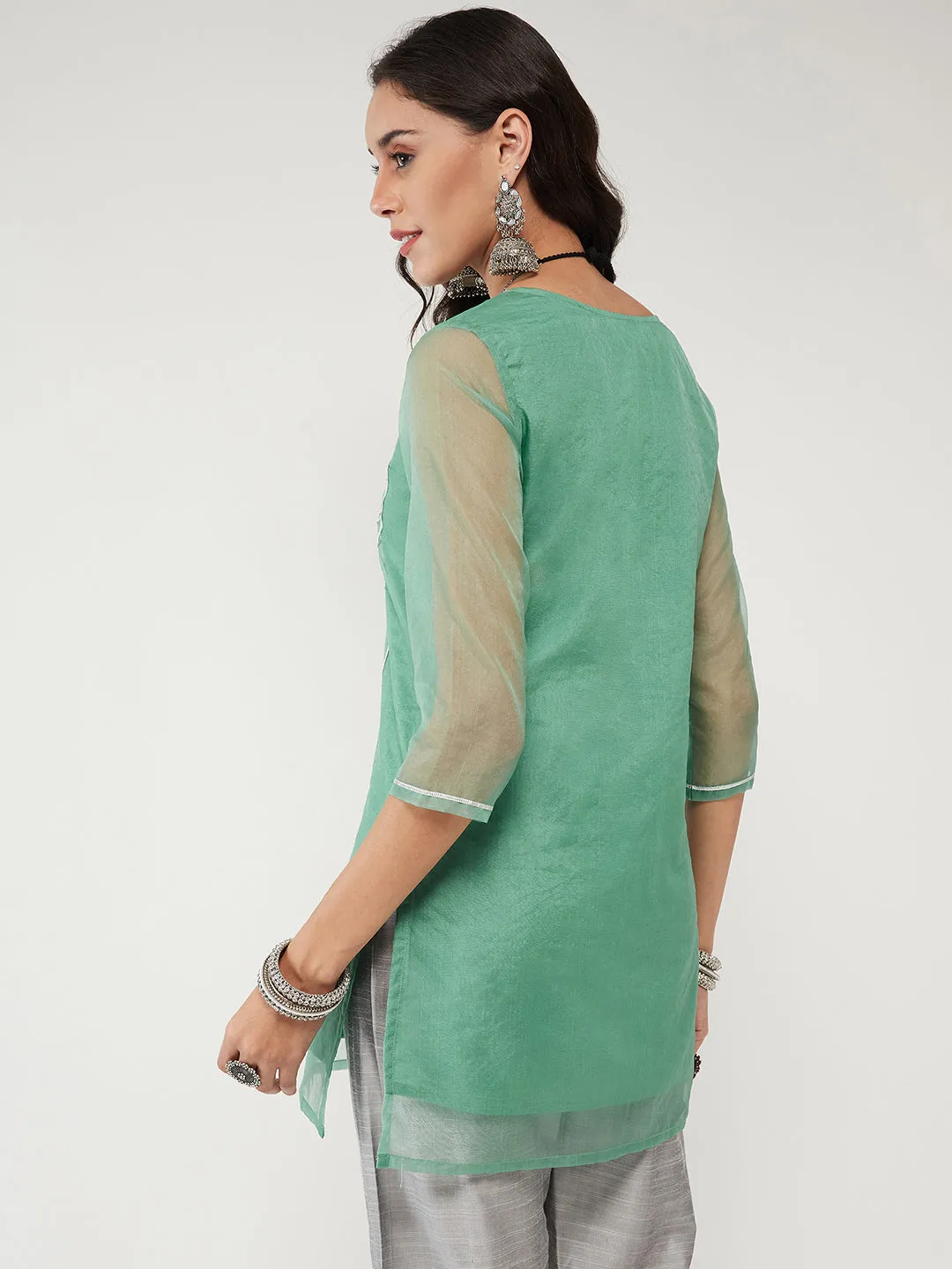 Fusion Short Pastel Kurta With Lace Detailing In Front