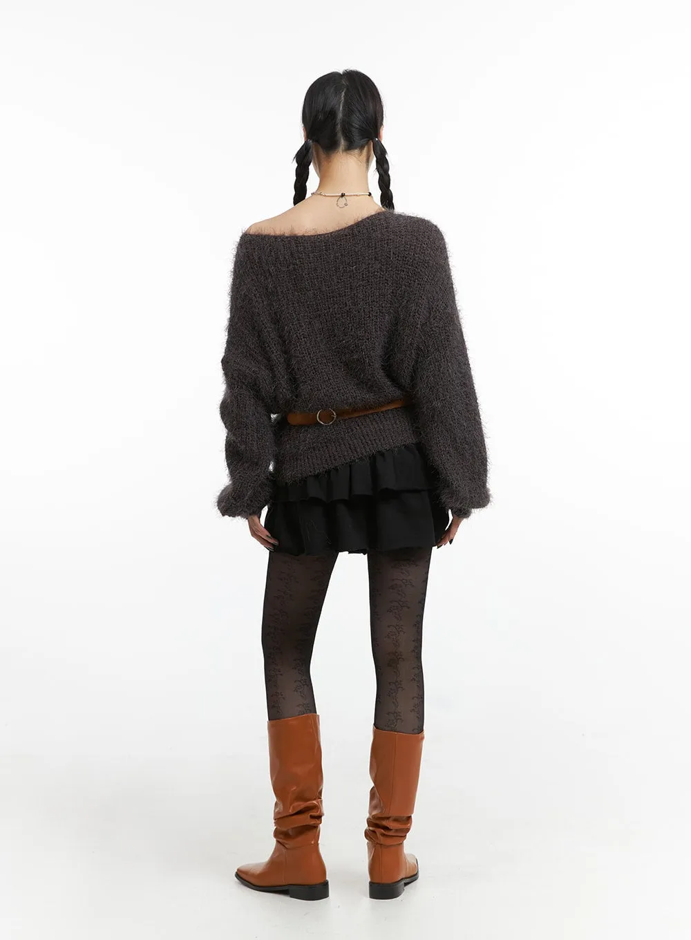 Fuzzy Boat Neck Knit Sweater IJ410