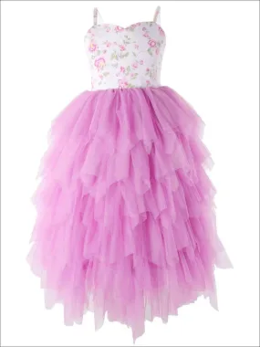 Girls Floral Sleeveless Tiered Tutu Casual Maxi Dress