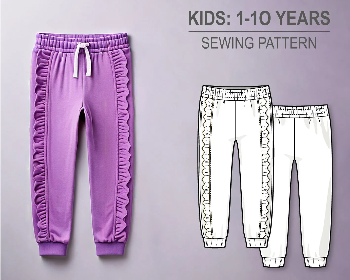 Girls Ruffle Jogger Pants PDF Sewing Pattern, Cuffed Sweatpants with Frill Detail, Side Pockets, Easy DIY Pattern for Toddlers