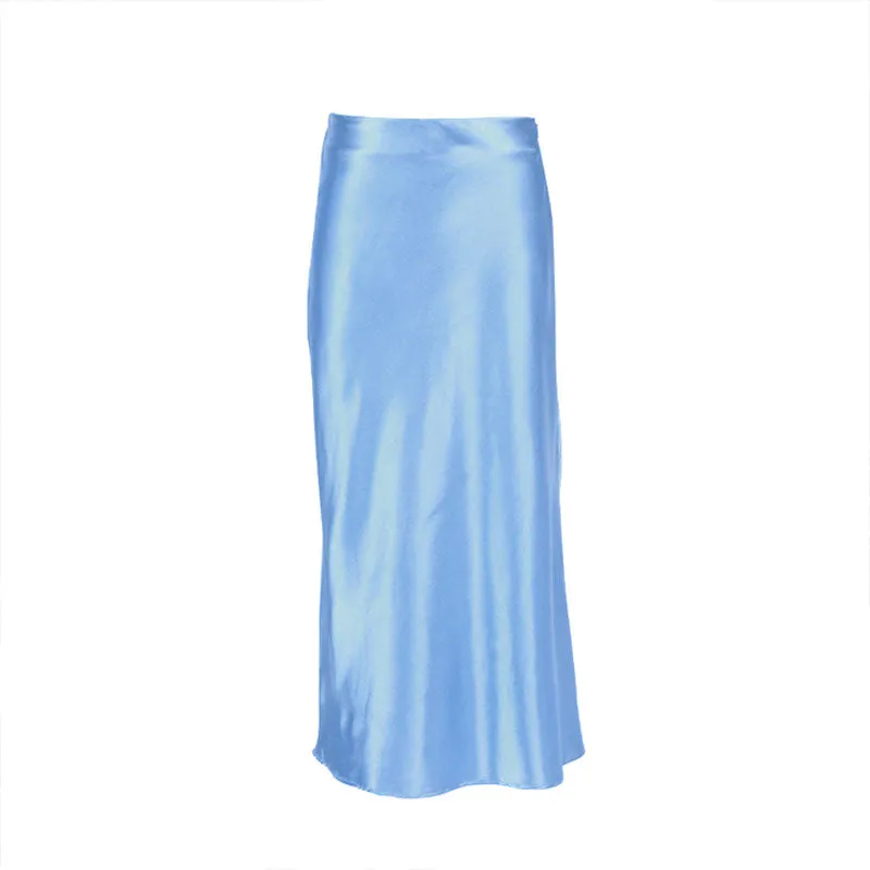 Glossy Satin Side Zipper Fishtail Trim High Waist Midi Skirt - Blue