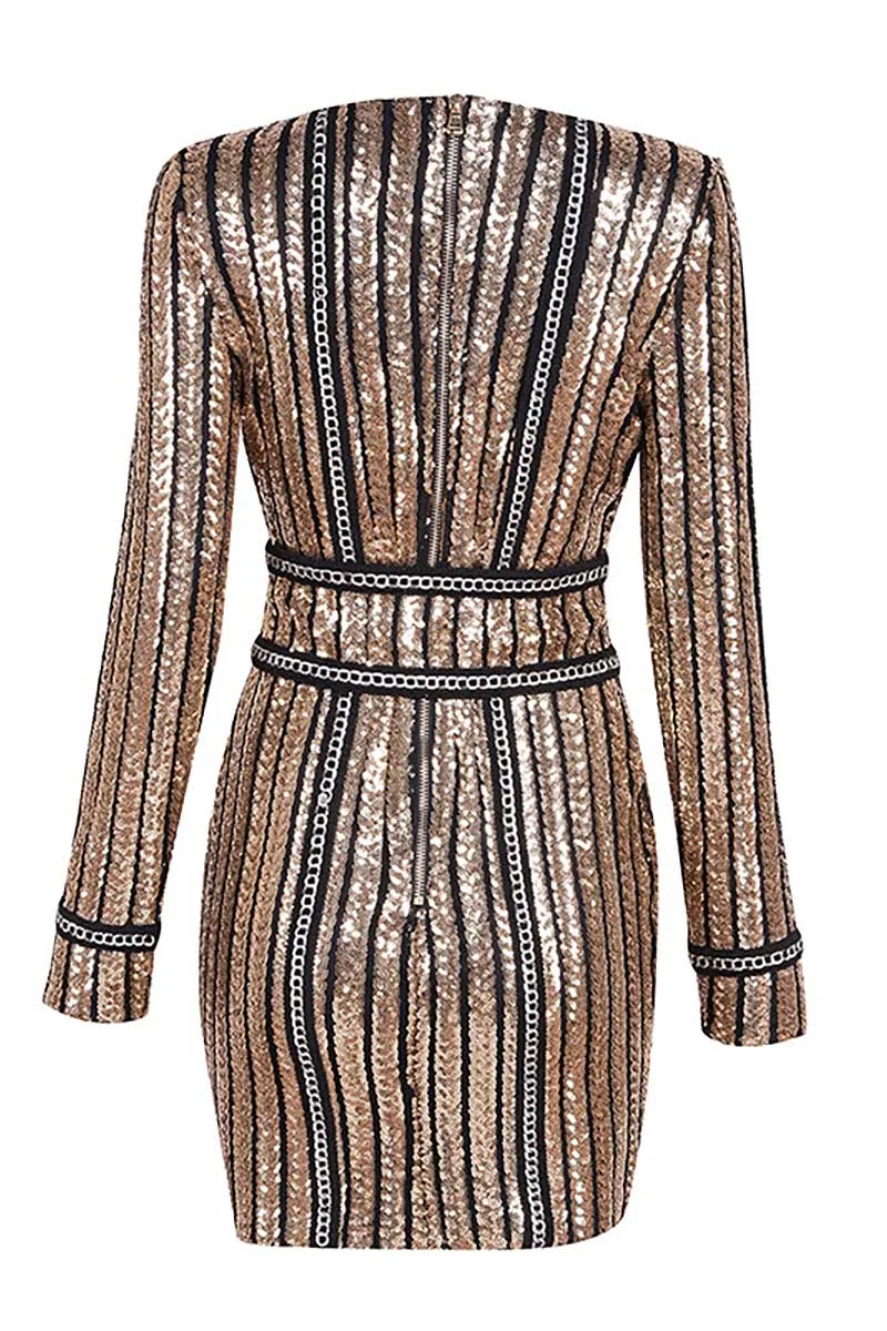 Gold Sequin Short Bodycon Dress With Long Sleeves