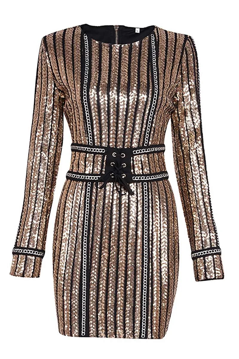 Gold Sequin Short Bodycon Dress With Long Sleeves