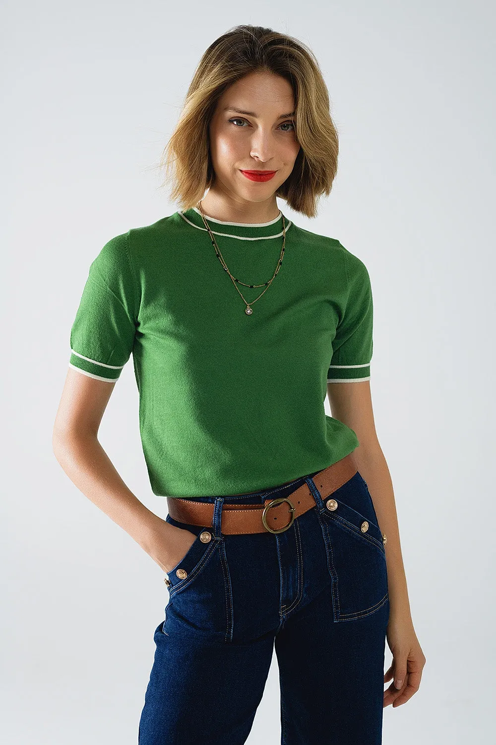 Green short sleeve sweater with white line detail