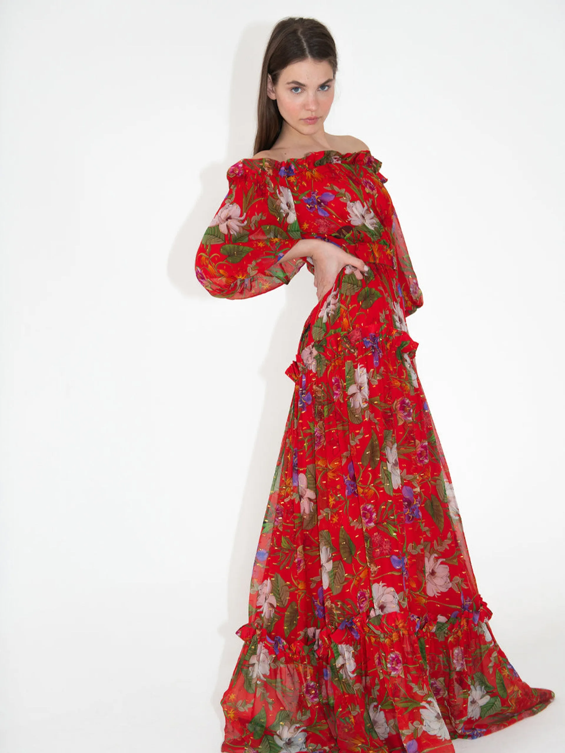 Gwendolyn Georgette off-the-shoulder maxi dress in safari red