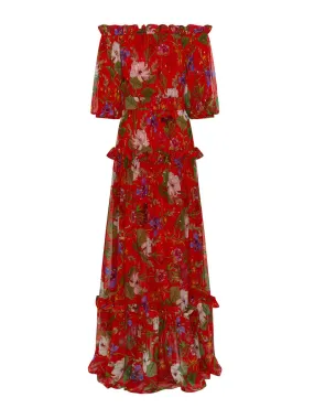 Gwendolyn Georgette off-the-shoulder maxi dress in safari red