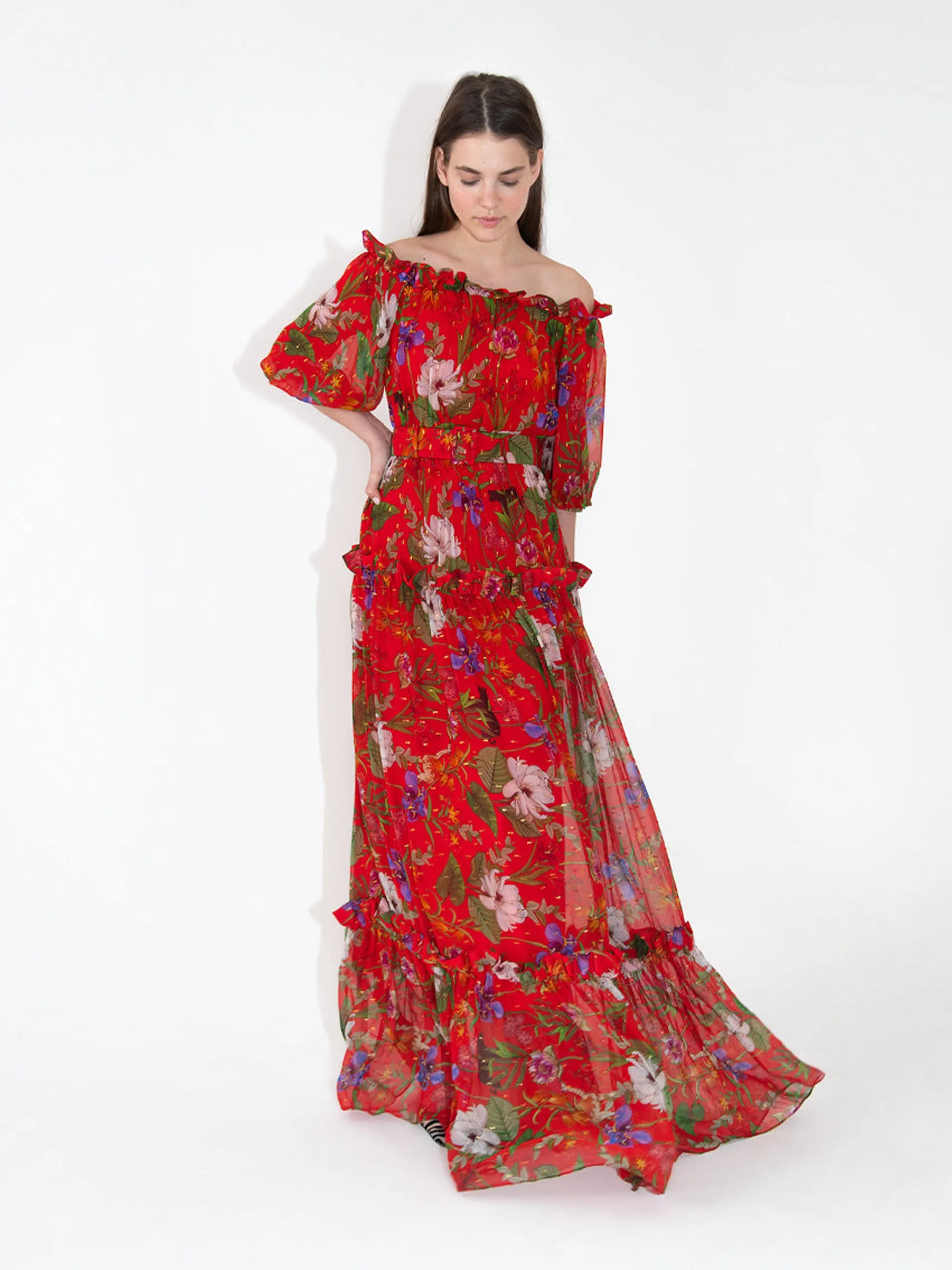 Gwendolyn Georgette off-the-shoulder maxi dress in safari red