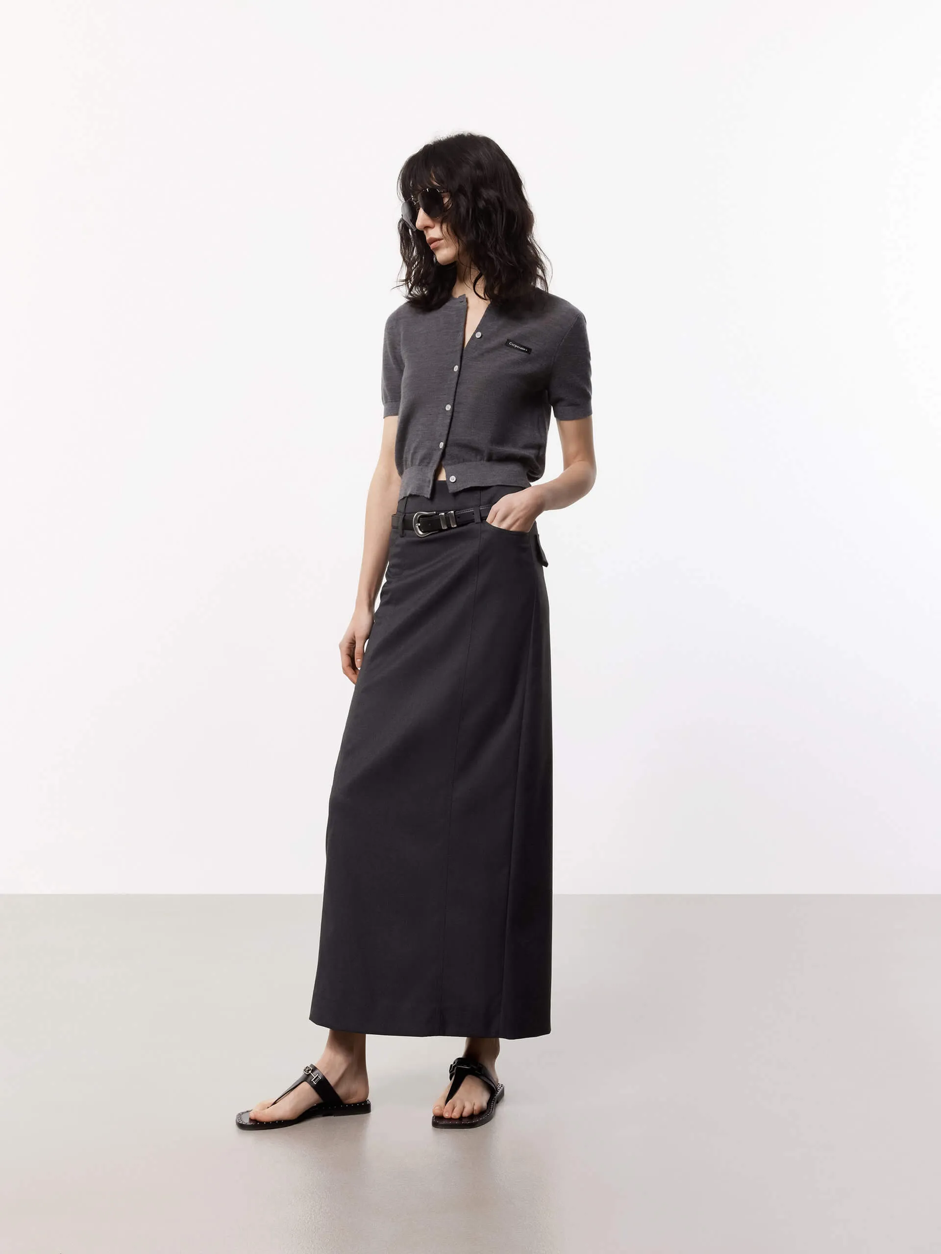 High Waist Tailored Slit Skirt