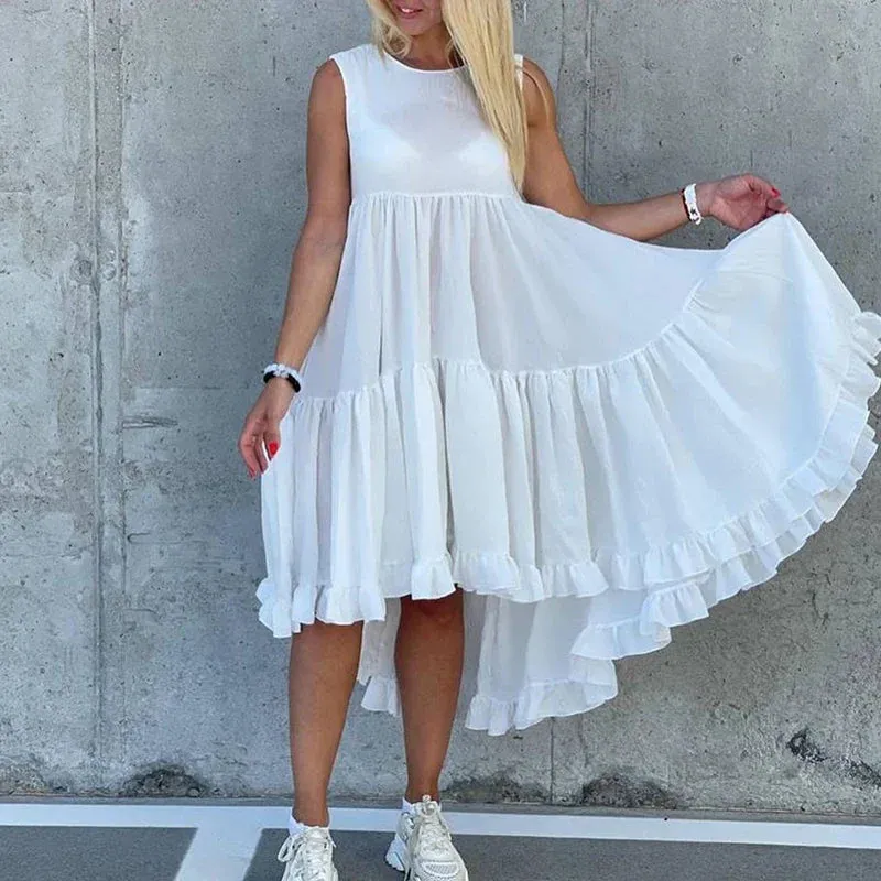 Hollow Out Solid Color Vest Casual O-neck Ruffled Swing High Waist Pleated Party Summer Sexy Dress