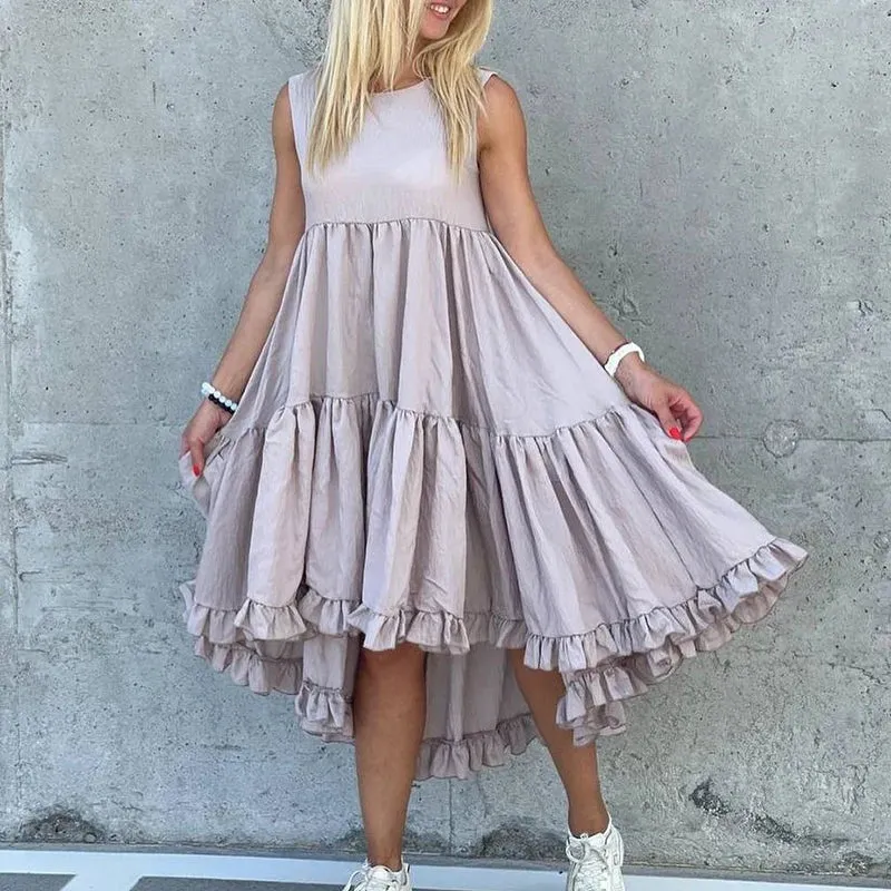 Hollow Out Solid Color Vest Casual O-neck Ruffled Swing High Waist Pleated Party Summer Sexy Dress